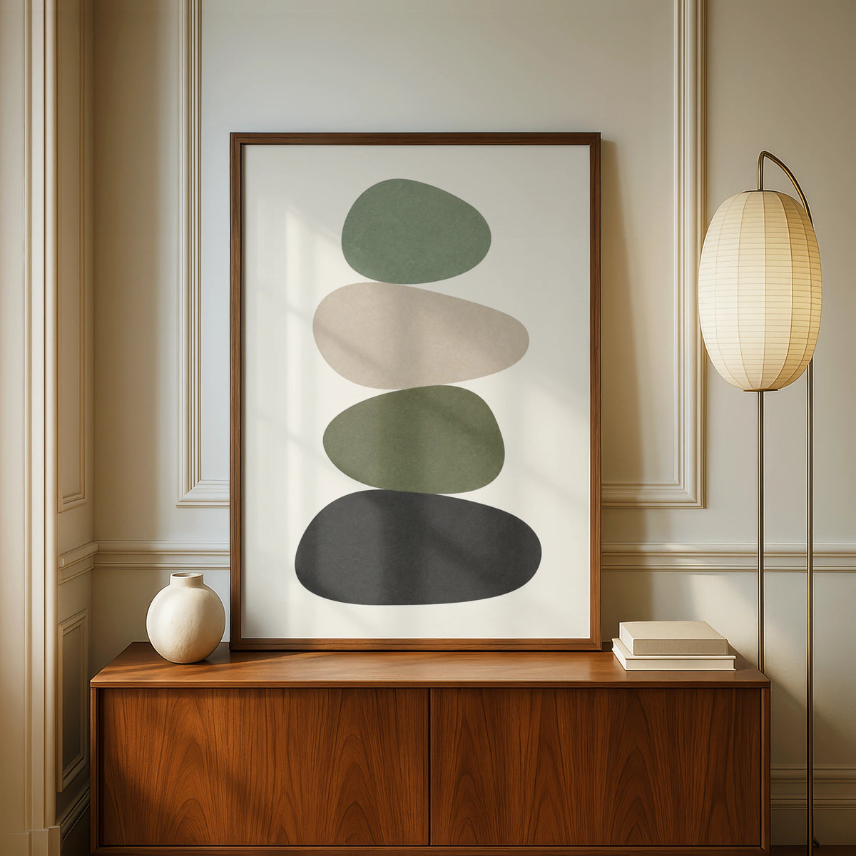 Sage Green Pebble Stack Print, Minimalist Stone Balance Poster, Boho Wall Art