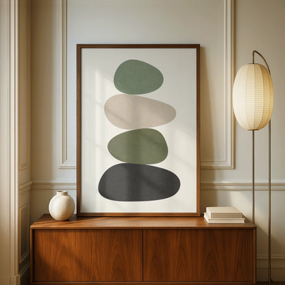 Sage Green Pebble Stack Print, Minimalist Stone Balance Poster, Boho Wall Art