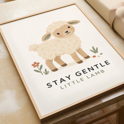 Stay Gentle Little Lamb Nursery Poster, Cute Sheep Wall Art, Baby Room Print