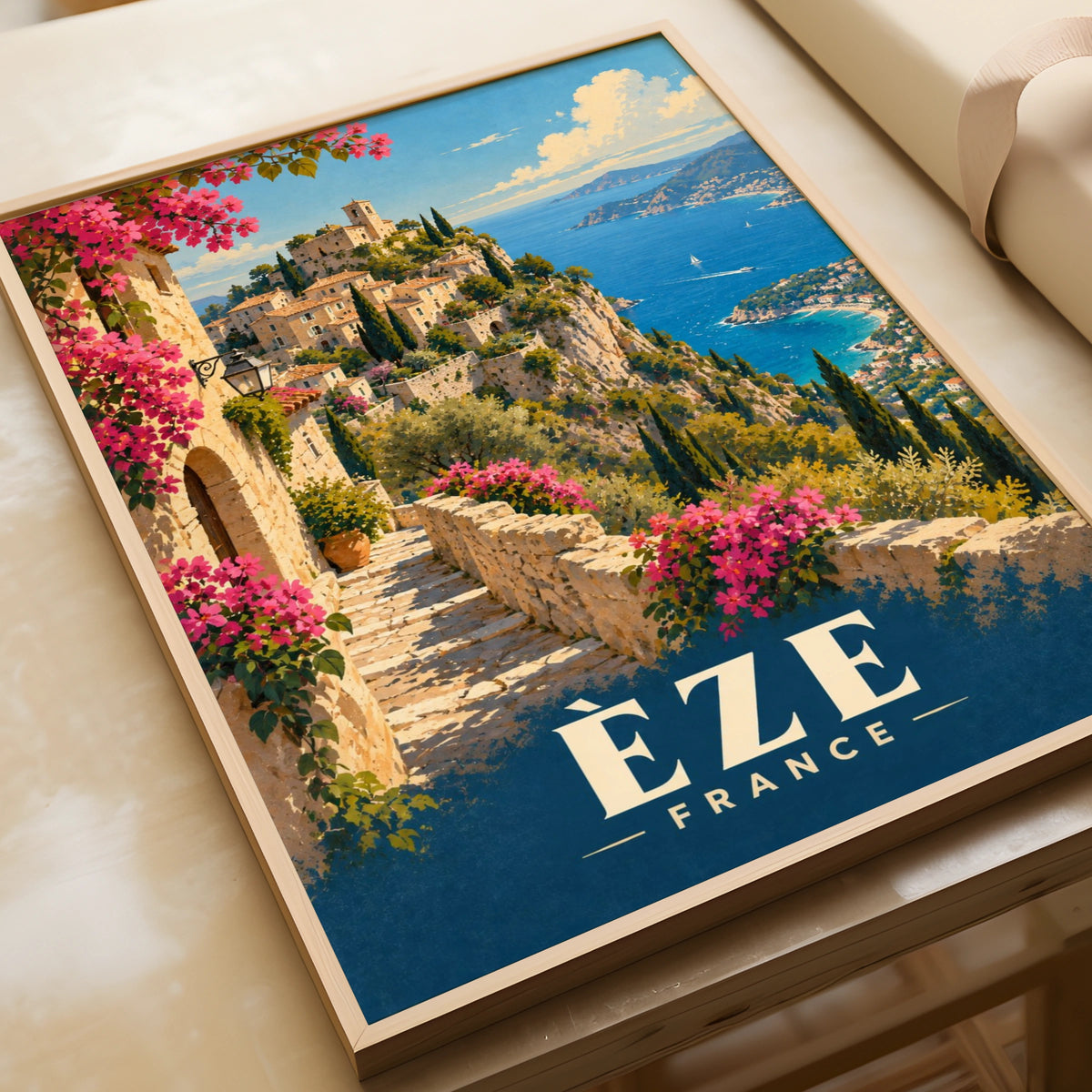 Eze France Travel Poster, French Riviera Wall Art, Cote d'Azur Village Print