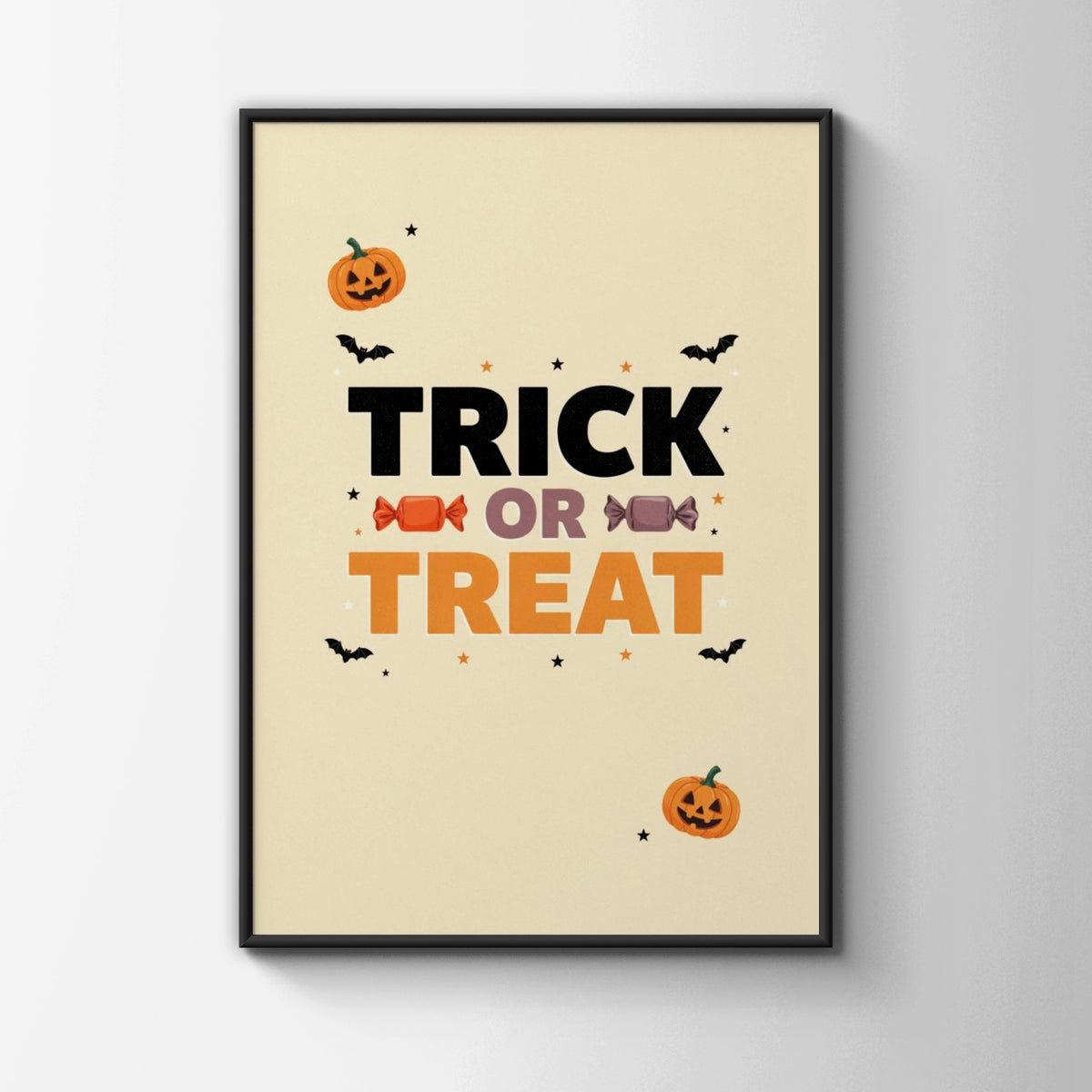 Trick or Treat Halloween Poster, Pumpkin Bat Candy Wall Art, Spooky Kids Print