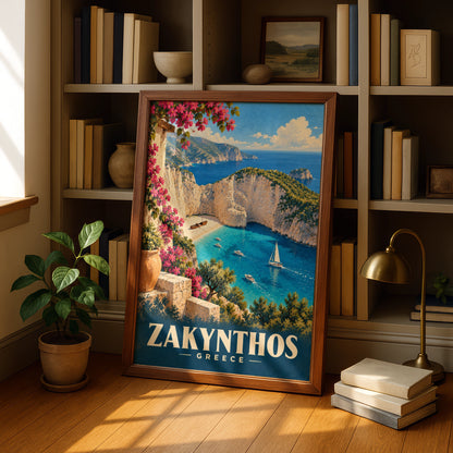 Zakynthos Greece Travel Poster, Navagio Beach Wall Art, Greek Island Print, Mediterranean Decor