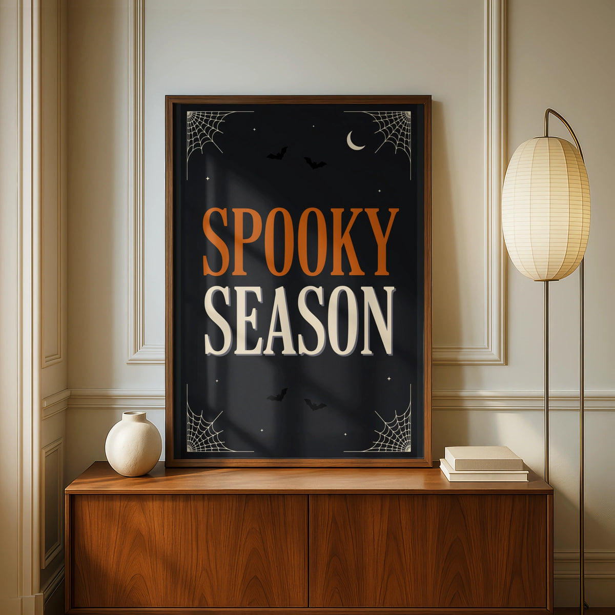 Spooky Season Halloween Poster, Black Orange Wall Art, Bat Spider Web Print, A3