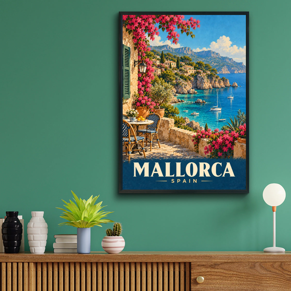 Mallorca Spain Travel Poster, Vintage Mediterranean Wall Art, Balearic Coast Print