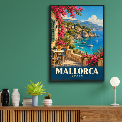 Mallorca Spain Travel Poster, Vintage Mediterranean Wall Art, Balearic Coast Print