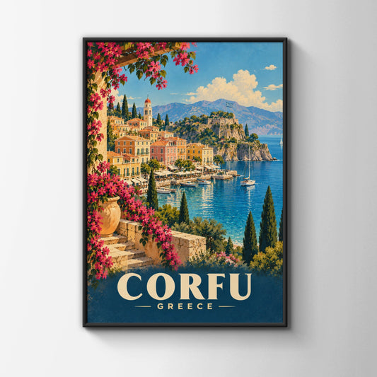 Corfu Greece Travel Poster, Vintage Greek Island Wall Art, Mediterranean Print