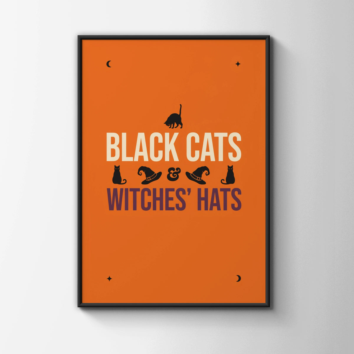 Black Cats and Witches Hats Halloween Poster, Orange Spooky Wall Art Print