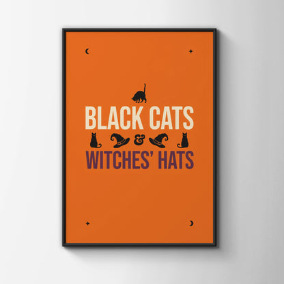 Black Cats and Witches Hats Halloween Poster, Orange Spooky Wall Art Print