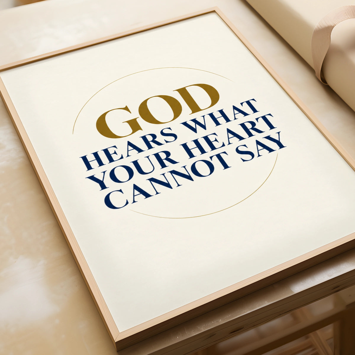 God Hears What Your Heart Cannot Say, Christian Faith Quote Poster, Navy Gold Wall Art