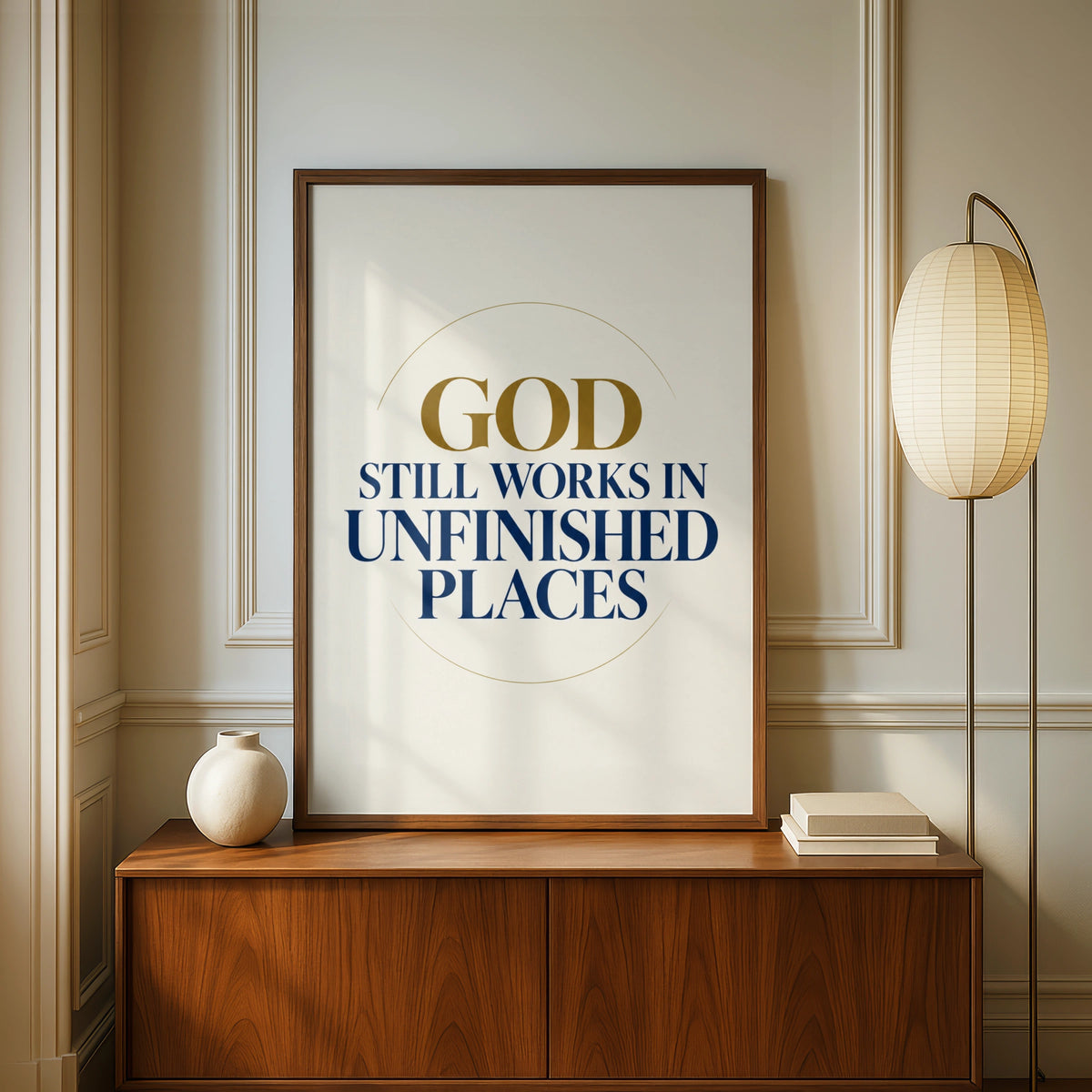 God Still Works In Unfinished Places Christian Faith Poster, Navy Gold Wall Art