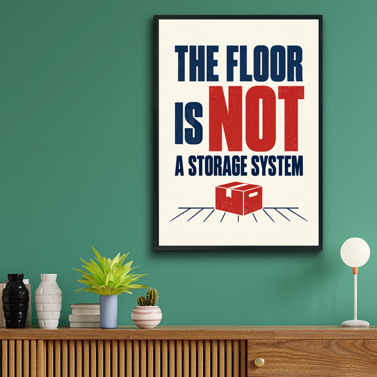 The Floor Is Not A Storage System Funny Home Humour Poster, Navy Red Typography Print
