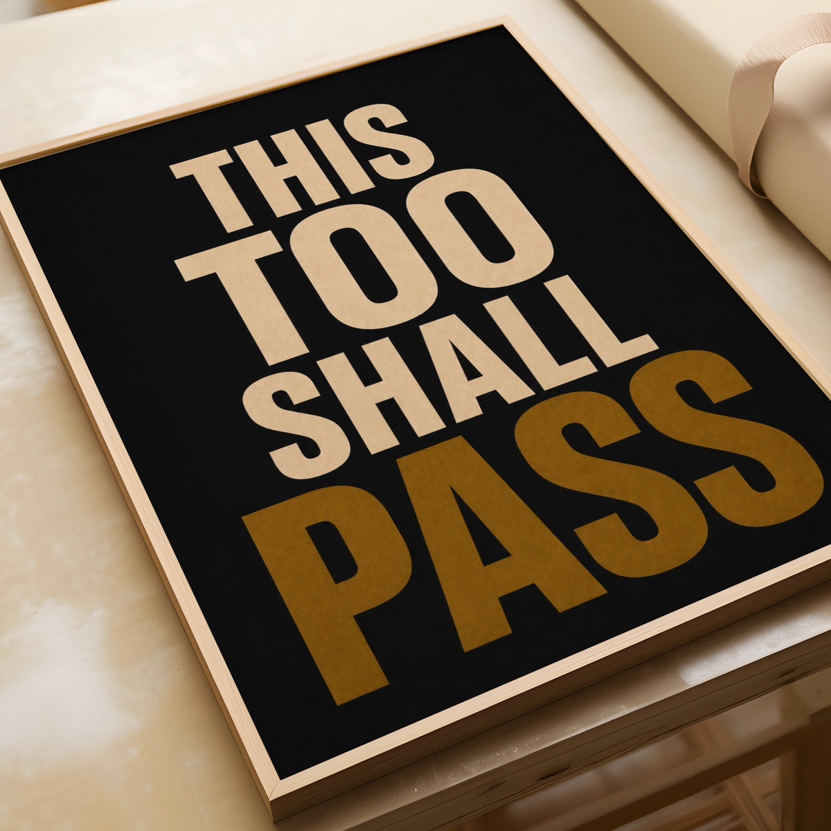 This Too Shall Pass Motivational Quote Poster, Black Gold Typography Wall Art
