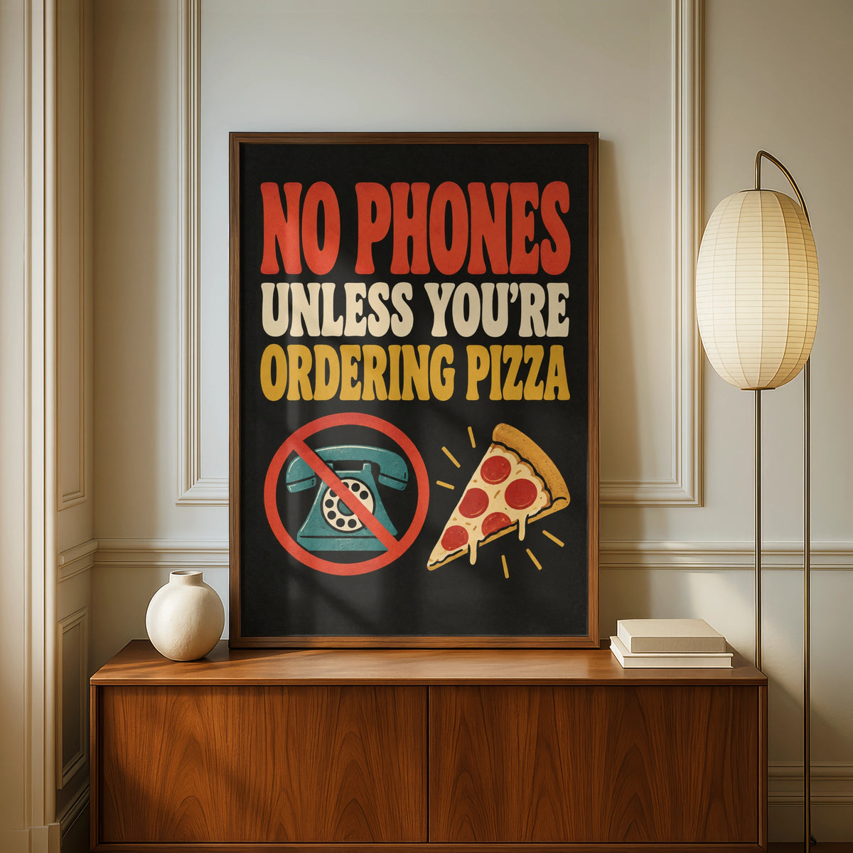 No Phones Unless Ordering Pizza Poster, Funny Kitchen Wall Art, Retro Quote Print