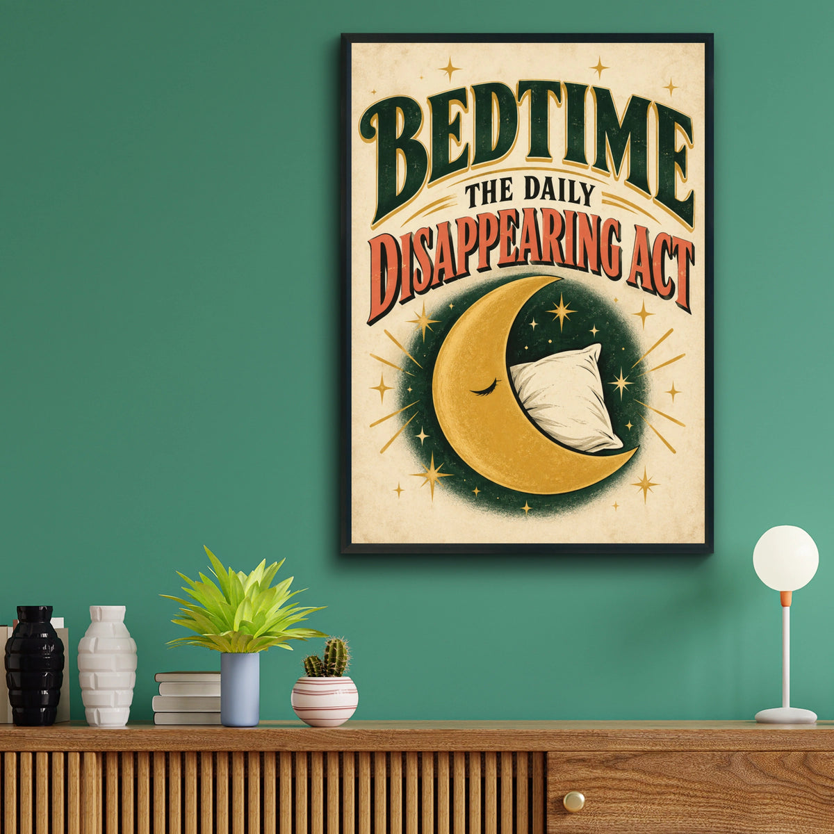 Bedtime Daily Disappearing Act Funny Sleep Poster, Vintage Moon Wall Art Print