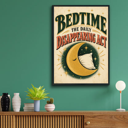 Bedtime Daily Disappearing Act Funny Sleep Poster, Vintage Moon Wall Art Print