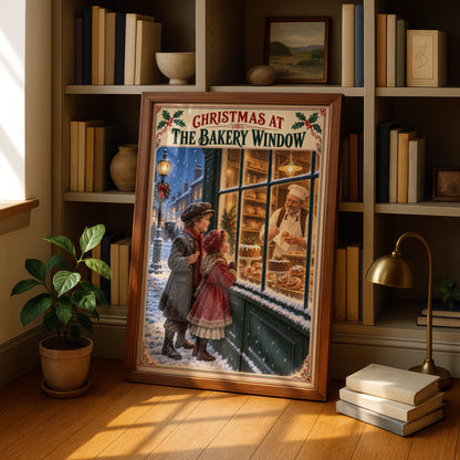 Christmas Bakery Window Poster, Vintage Victorian Snowy Street Wall Art Print