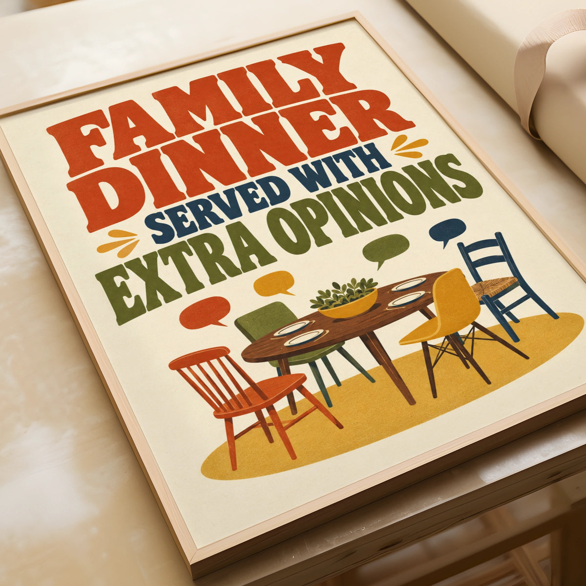 Family Dinner Served With Extra Opinions, Funny Kitchen Poster, Retro Dining Room Wall Art