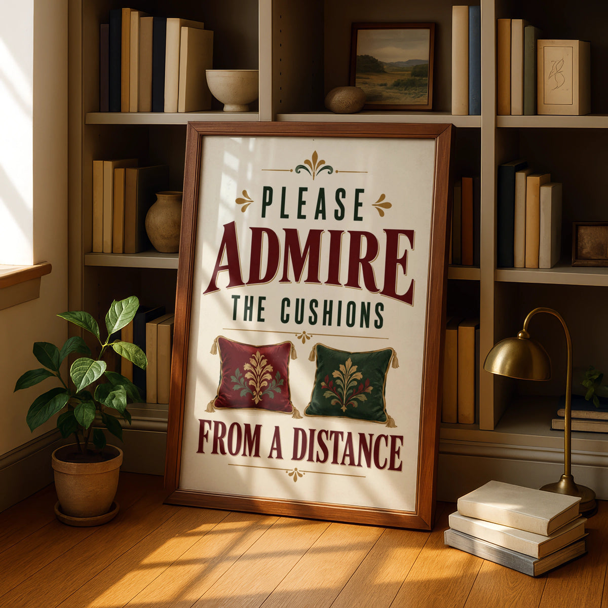 Admire The Cushions From A Distance Funny Home Humour Wall Art Print, Living Room