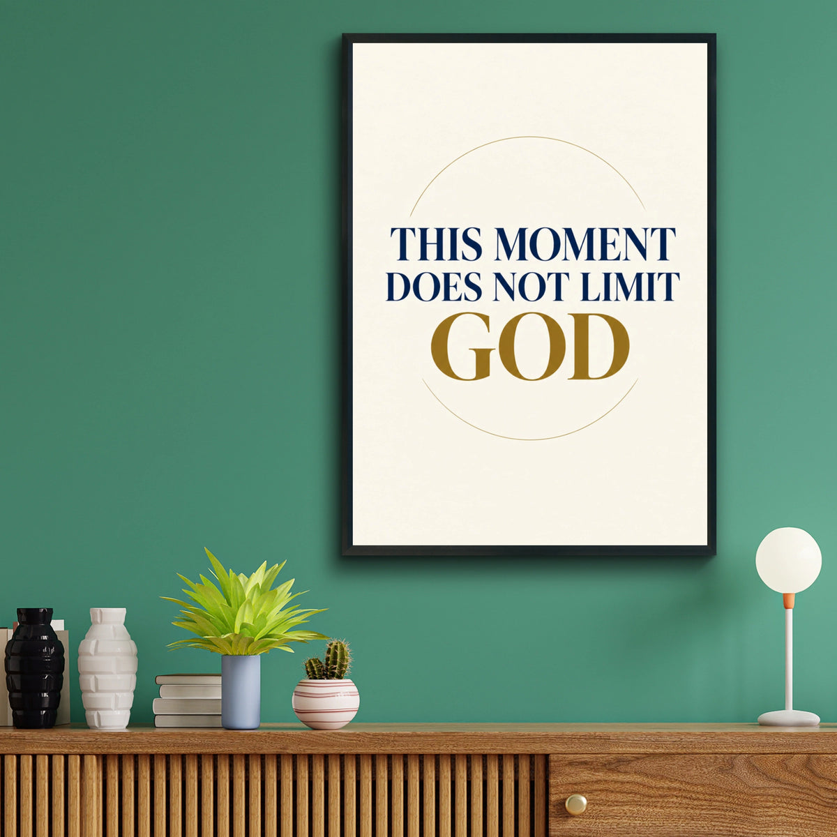 This Moment Does Not Limit God Poster, Christian Faith Wall Art, Navy Gold Print