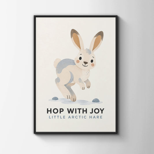 Arctic Hare Kids Poster, Hop With Joy Nursery Wall Art, Cute Rabbit Print, Children's Room Decor