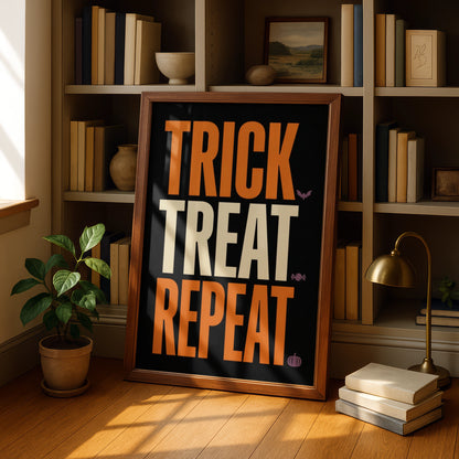Trick Treat Repeat Halloween Poster, Bold Typography Wall Art, Orange Black Decor