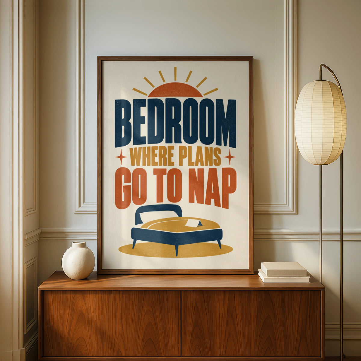Bedroom Where Plans Go To Nap Funny Quote Print, Retro Typography Poster, Navy Gold
