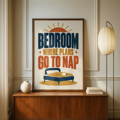 Bedroom Where Plans Go To Nap Funny Quote Print, Retro Typography Poster, Navy Gold