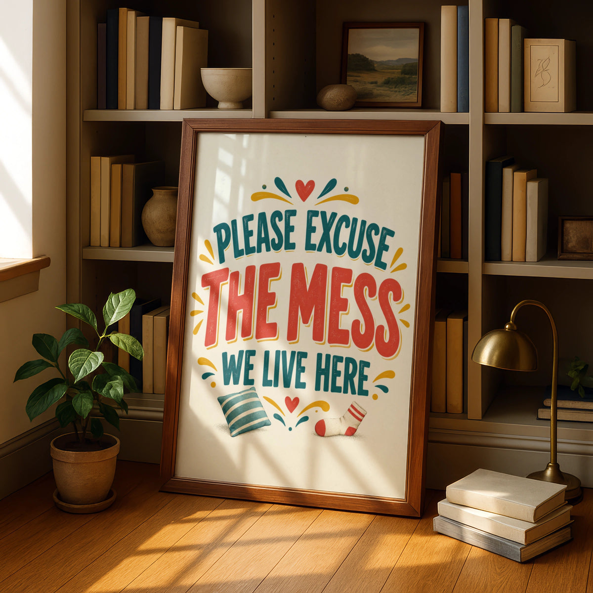 Please Excuse The Mess We Live Here, Funny Home Quote Print, Humour Wall Art
