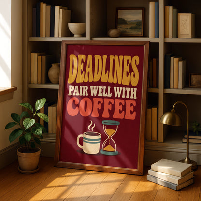 Deadlines Pair Well With Coffee Poster, Retro Office Wall Art, Funny Work Print