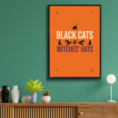 Black Cats and Witches Hats Halloween Poster, Orange Spooky Wall Art Print