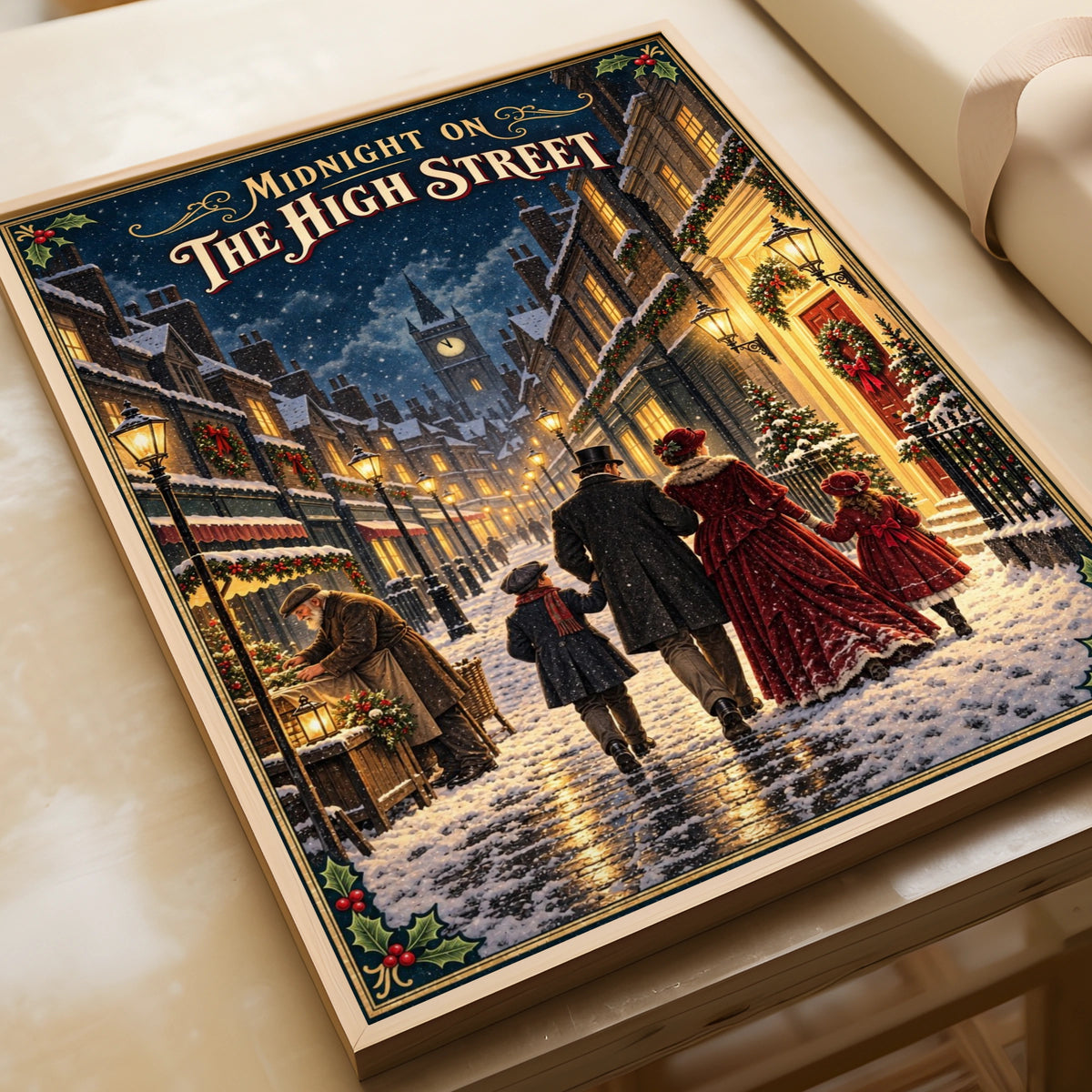 Victorian Christmas Street Scene Poster, Midnight High Street, Snowy Dickensian Wall Art Print