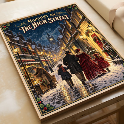 Victorian Christmas Street Scene Poster, Midnight High Street, Snowy Dickensian Wall Art Print