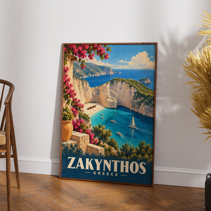 Zakynthos Greece Travel Poster, Navagio Beach Wall Art, Greek Island Print, Mediterranean Decor