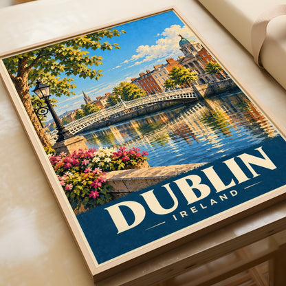 Dublin Ireland Travel Poster, Ha'penny Bridge Wall Art, Vintage Irish City Print