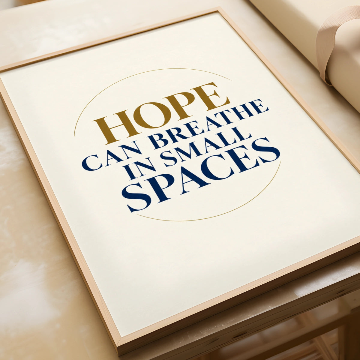 Hope Can Breathe In Small Spaces Poster, Inspirational Quote Wall Art, Navy Gold
