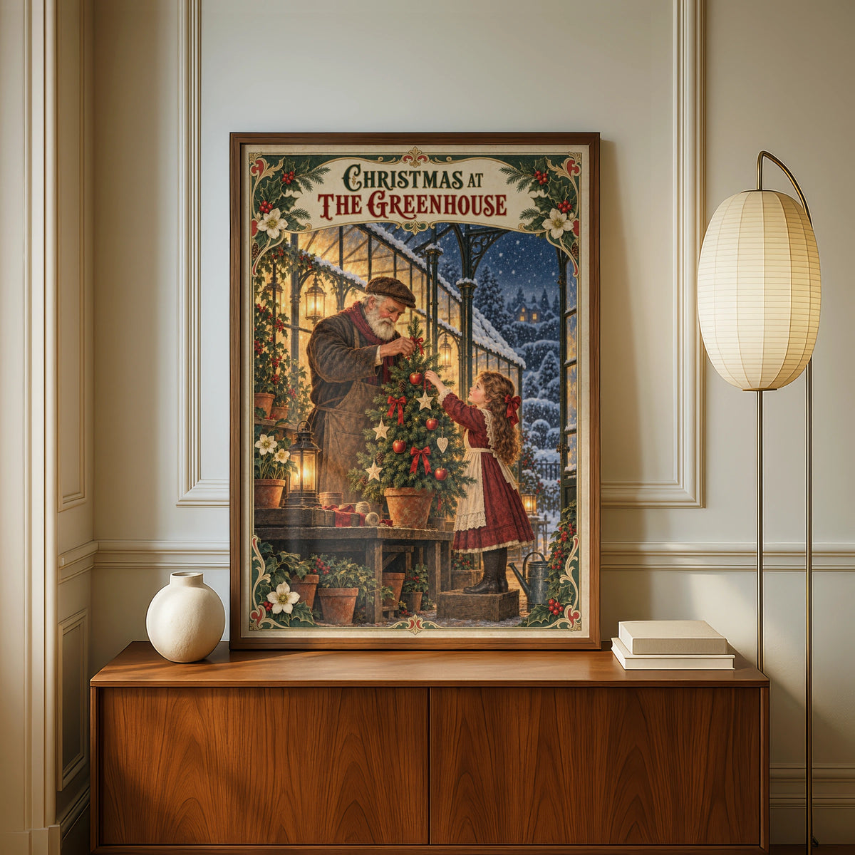 Christmas Greenhouse Vintage Poster, Victorian Holiday Wall Art, Festive Winter Print