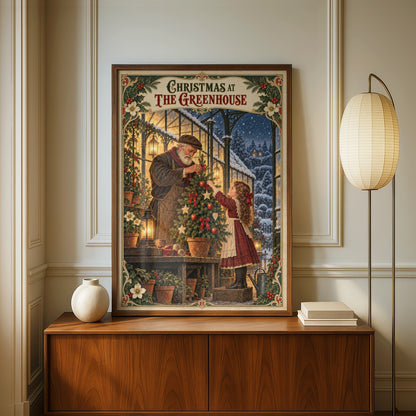Christmas Greenhouse Vintage Poster, Victorian Holiday Wall Art, Festive Winter Print