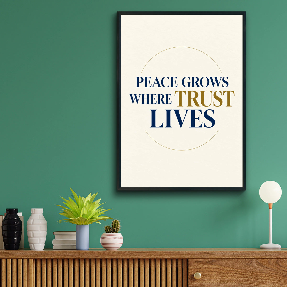 Peace Grows Where Trust Lives Quote Poster, Navy Gold Minimalist Wall Art Print