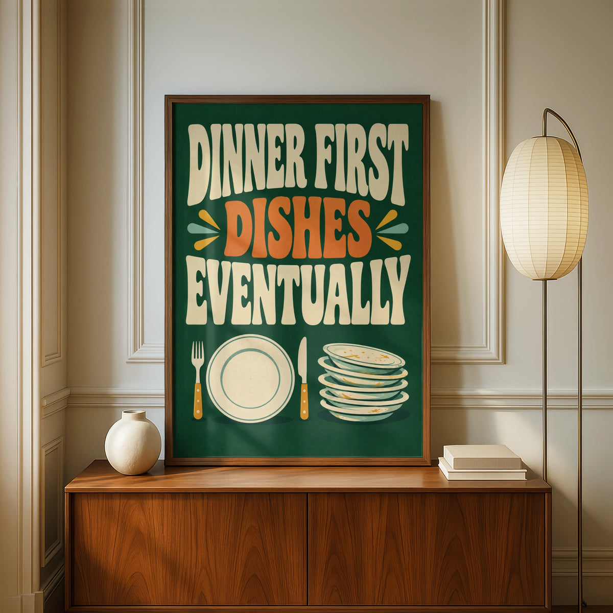 Dinner First Dishes Eventually Funny Kitchen Poster, Retro Green Wall Art Print