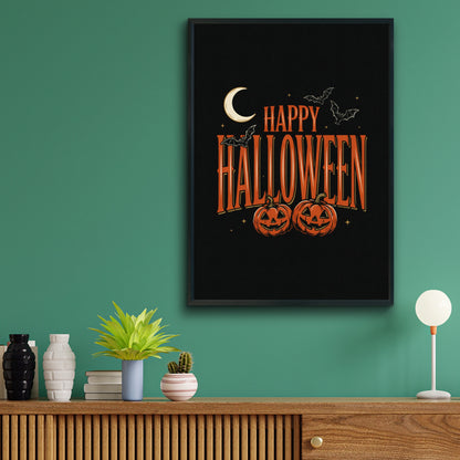 Happy Halloween Poster, Jack-o-Lantern Wall Art, Pumpkin Bat Moon Spooky Print, Orange Black