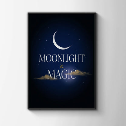 Moonlight and Magic Celestial Poster, Crescent Moon Night Sky Wall Art Print