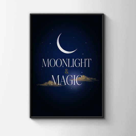 Moonlight and Magic Celestial Poster, Crescent Moon Night Sky Wall Art Print