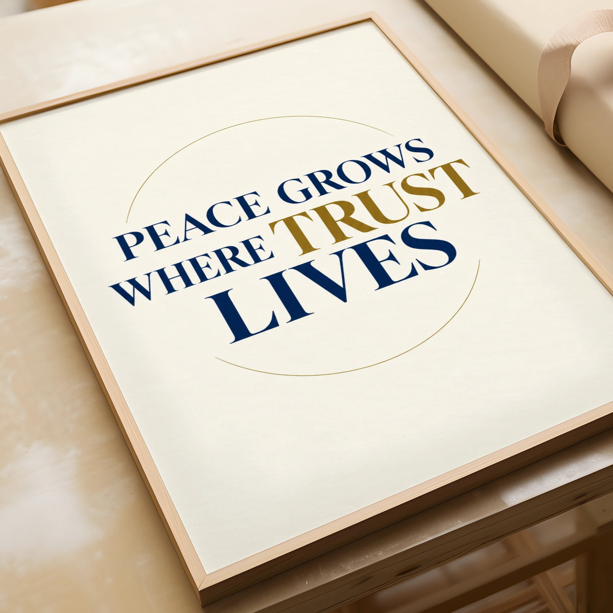 Peace Grows Where Trust Lives Quote Poster, Navy Gold Minimalist Wall Art Print