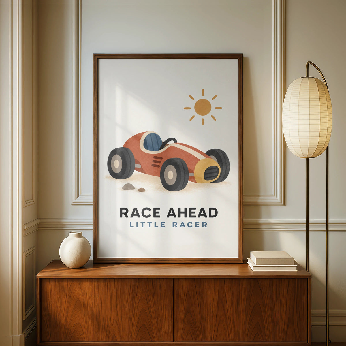 Race Ahead Little Racer Boys Nursery Poster, Vintage Racing Car Kids Wall Art Print