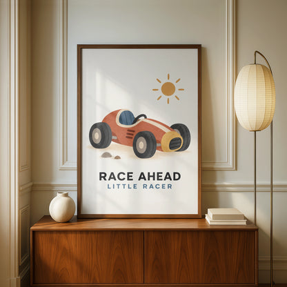 Race Ahead Little Racer Boys Nursery Poster, Vintage Racing Car Kids Wall Art Print