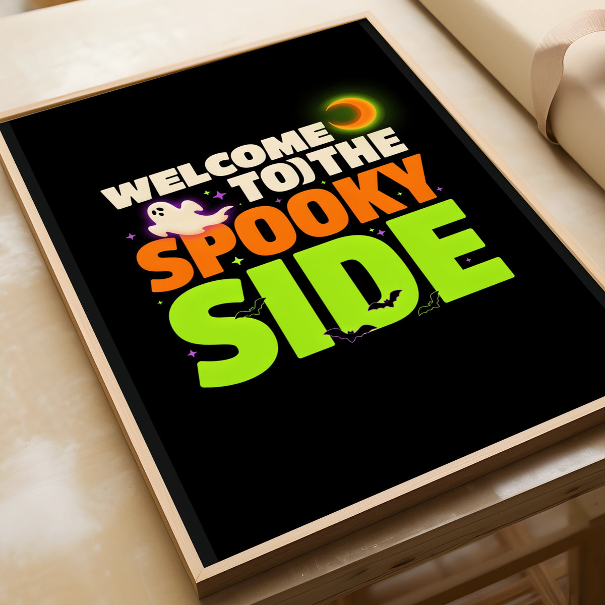 Welcome To The Spooky Side Halloween Poster, Ghost Bat Moon Wall Art Print