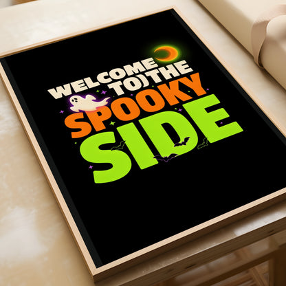 Welcome To The Spooky Side Halloween Poster, Ghost Bat Moon Wall Art Print