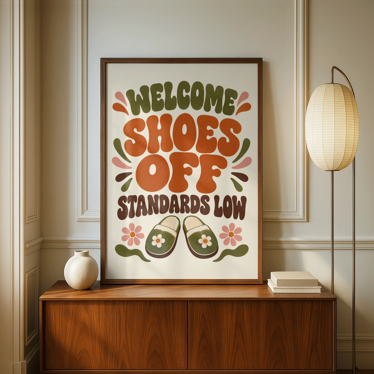 Welcome Shoes Off Standards Low Funny Hallway Print, Retro Home Humour Wall Art