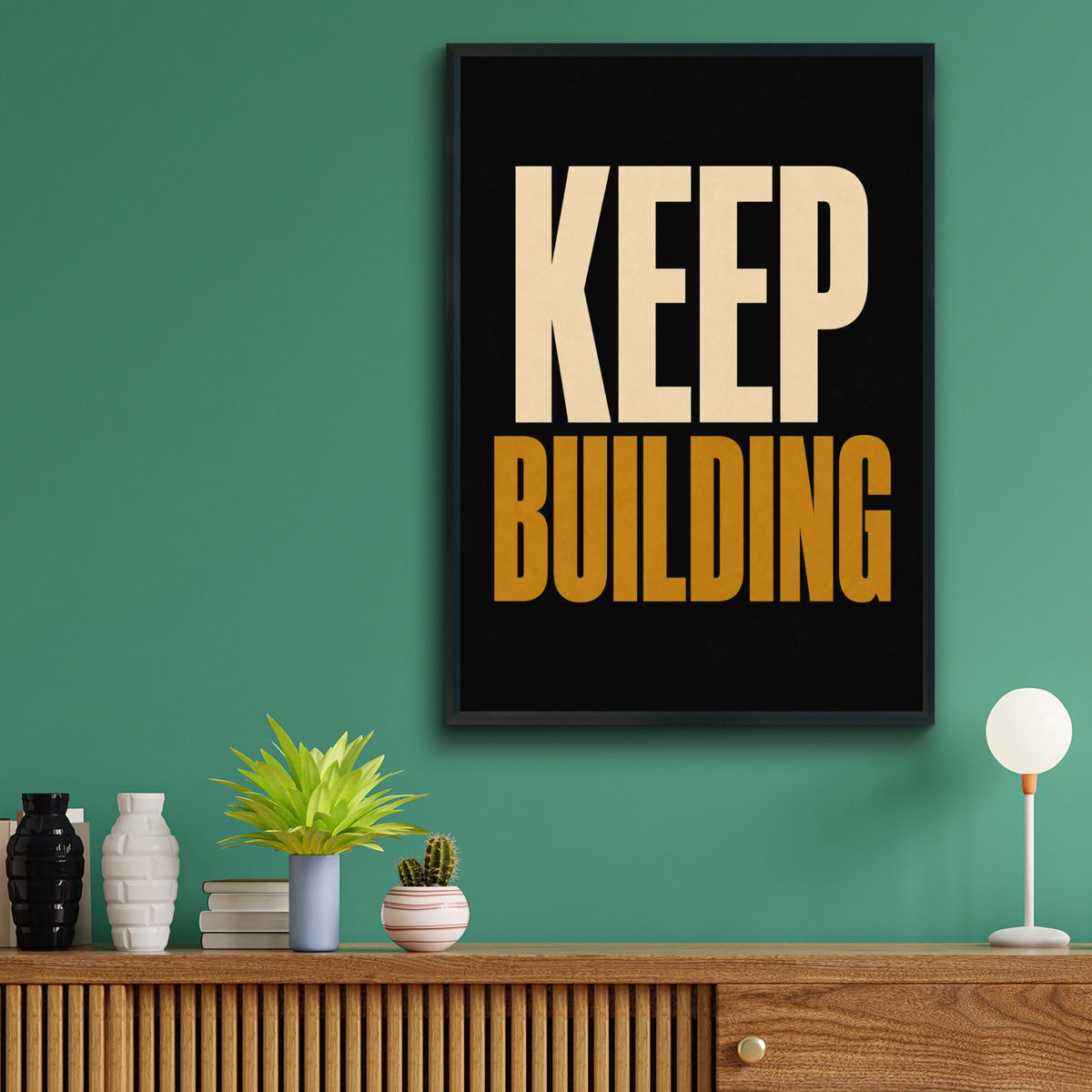 Keep Building Motivational Poster, Bold Typography Wall Art, Black Gold Office Print