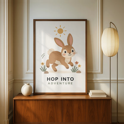 Hop Into Adventure Bunny Nursery Poster, Cute Rabbit Kids Wall Art Print